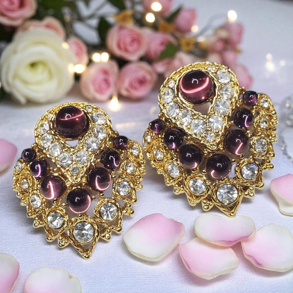 NOLAN MILLER Vintage Amethyst Glass Cabochon Swarovski Crystal Clip-on Earrings